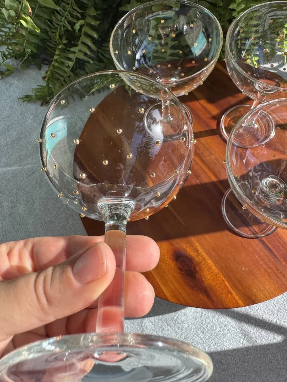 Set of 4 Pottery Barn Champagne Coupe Glasses with Gold Polka Dot